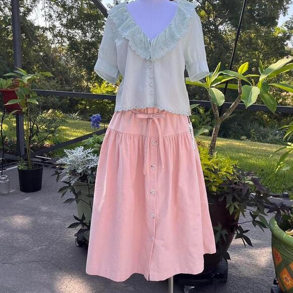 St. Roche Kia Corduroy Midi Skirt Drop Waist Buttons Pink Small Prairie Cottage - Picture 2 of 7